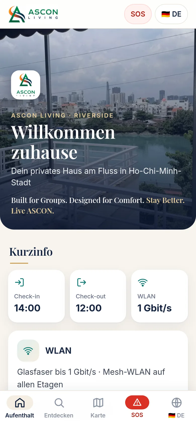 Startbildschirm mit Logo und Motto von ASCON LIVING