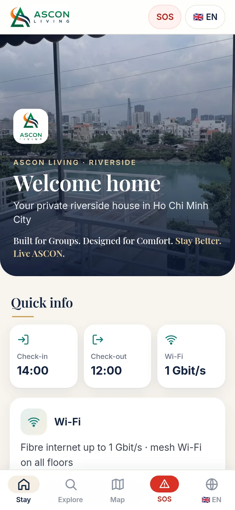 Welcome screen with the ASCON LIVING logo and motto