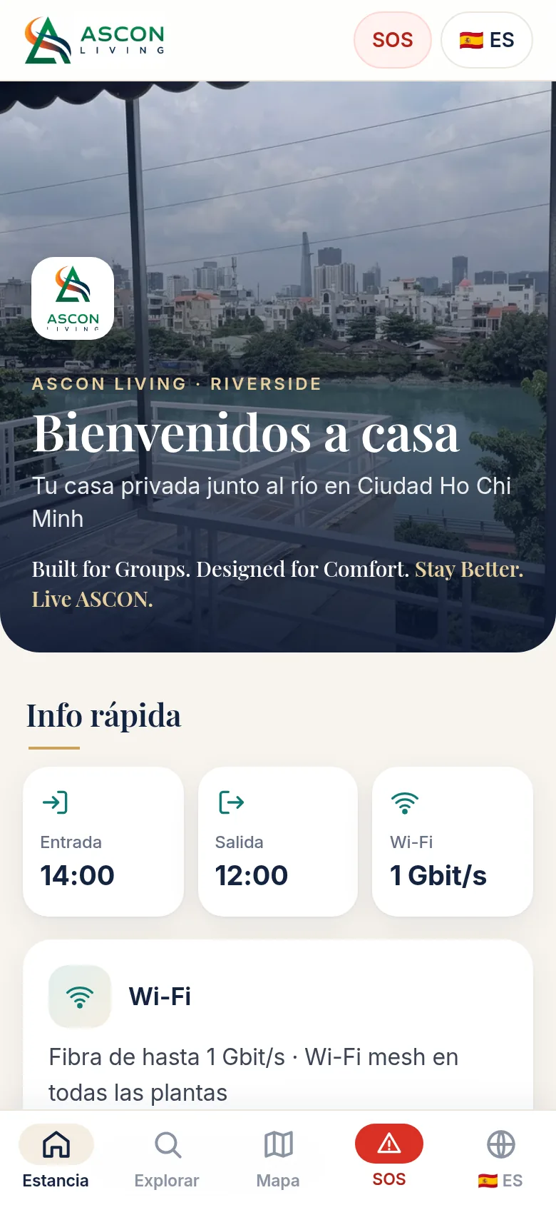 Pantalla de bienvenida con el logo y el lema de ASCON LIVING