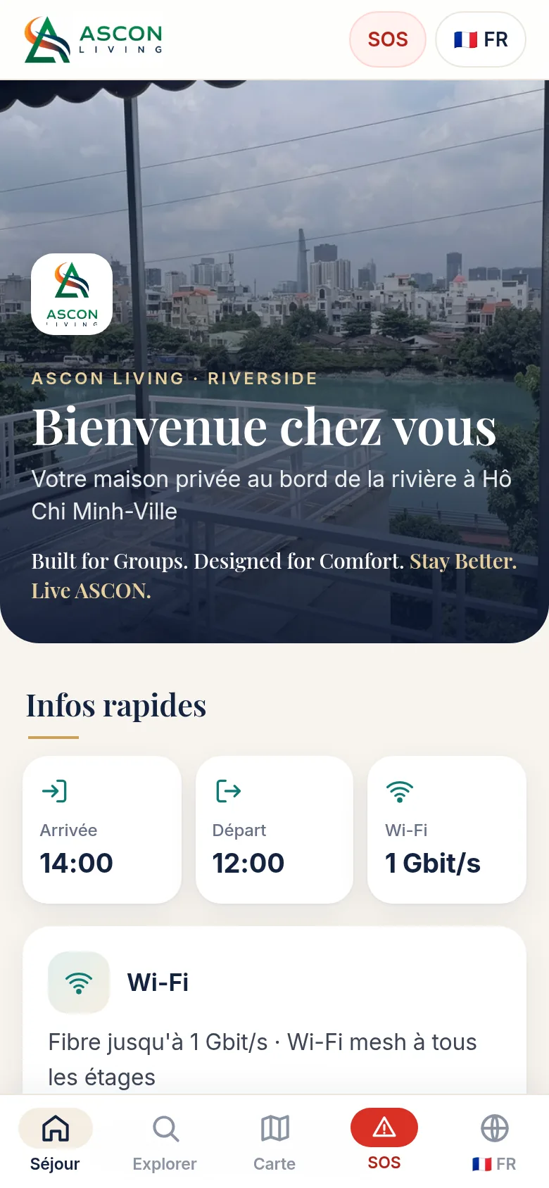 Écran d’accueil avec le logo et la devise d’ASCON LIVING