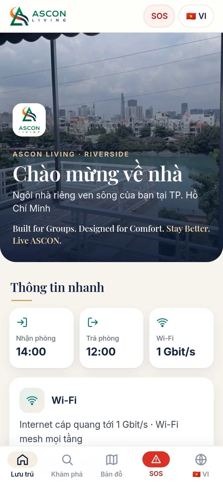Màn hình chào với logo và khẩu hiệu ASCON LIVING