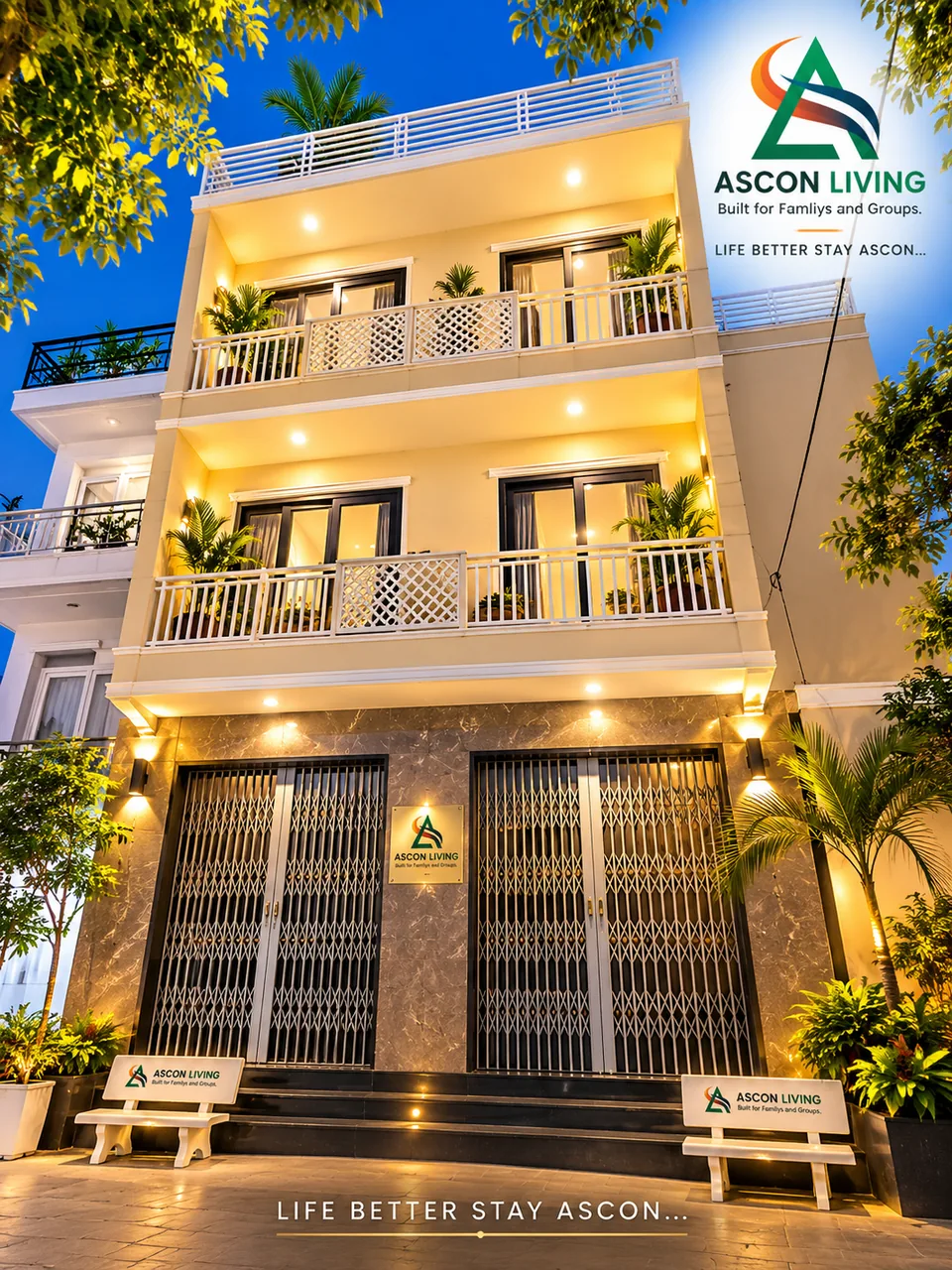 The ASCON LIVING house facade at dusk